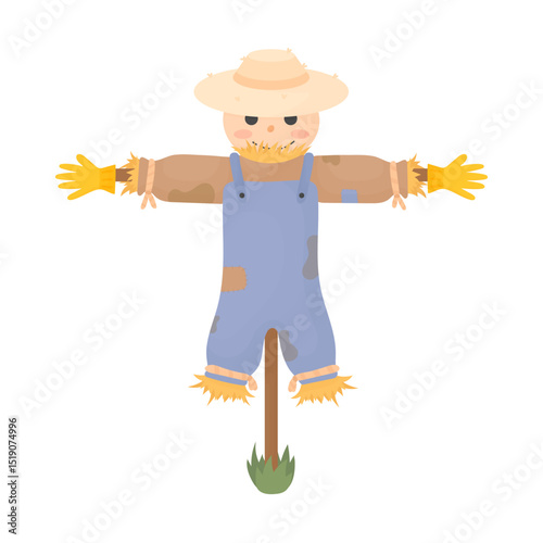 Dirty scarecrow stuffed with straw. Defender in torn clothes of farmers and harvest.