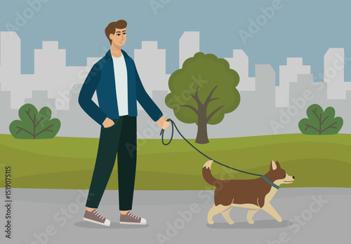 Man walking with dog in the city. Boy and puppy spend time together in the park