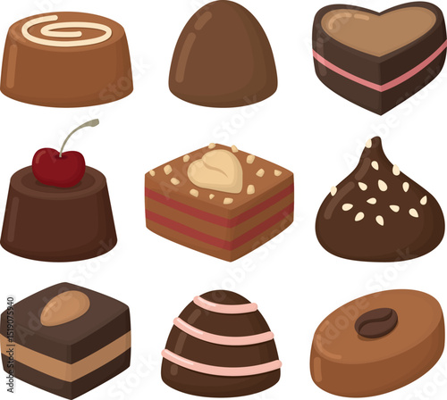 Set of chocolate candies. Cute sweets isolated on white background. 