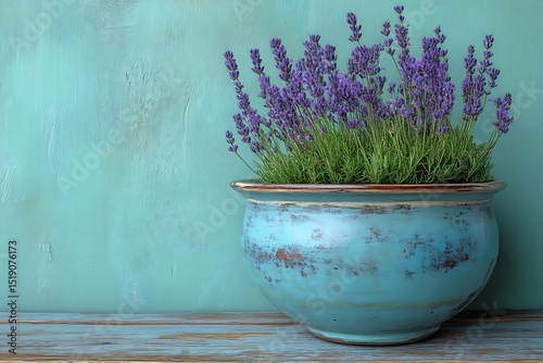 Lavender plant in a decorative teal colored pot.