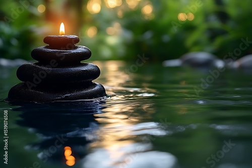 A stack of smooth, dark stones floats on water, illuminated by a candle.
