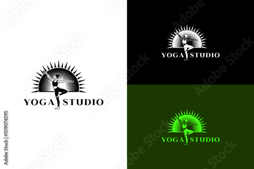 vector illustration of yoga woman in dance pose inside a half sun, logo for health and wellness, fitness, exercise, mental health, mindfulness, therapy, support, yoga studio, and more