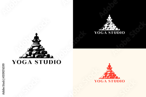 illustration of woman in lotus pose on stacked pebbles, vector logo for peaceful, mindfulness, meditation, health and wellness, therapy, morning routine, yoga studio, and more
