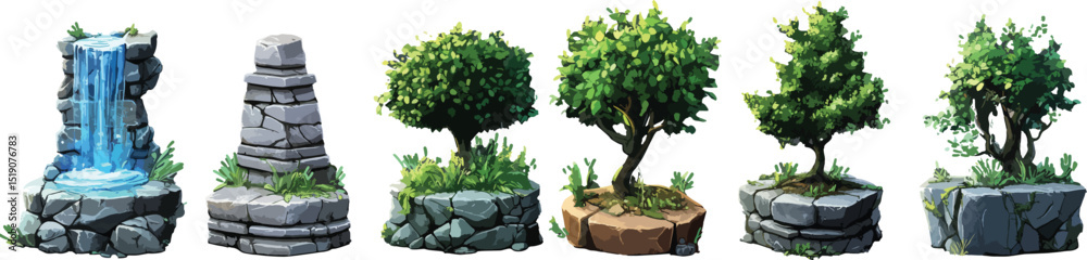 Fototapeta premium variety of stylized bushes and trees and rocks