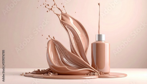 Dynamic Chocolate Liquid Splash with Organic Shapes and a Bottle on a Soft Beige Background