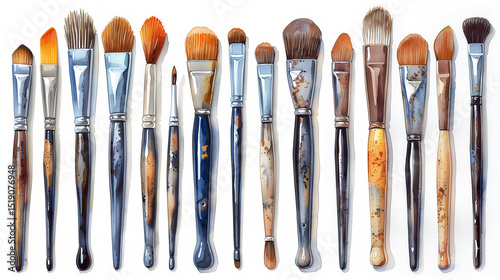 Many different paint brushes on white background