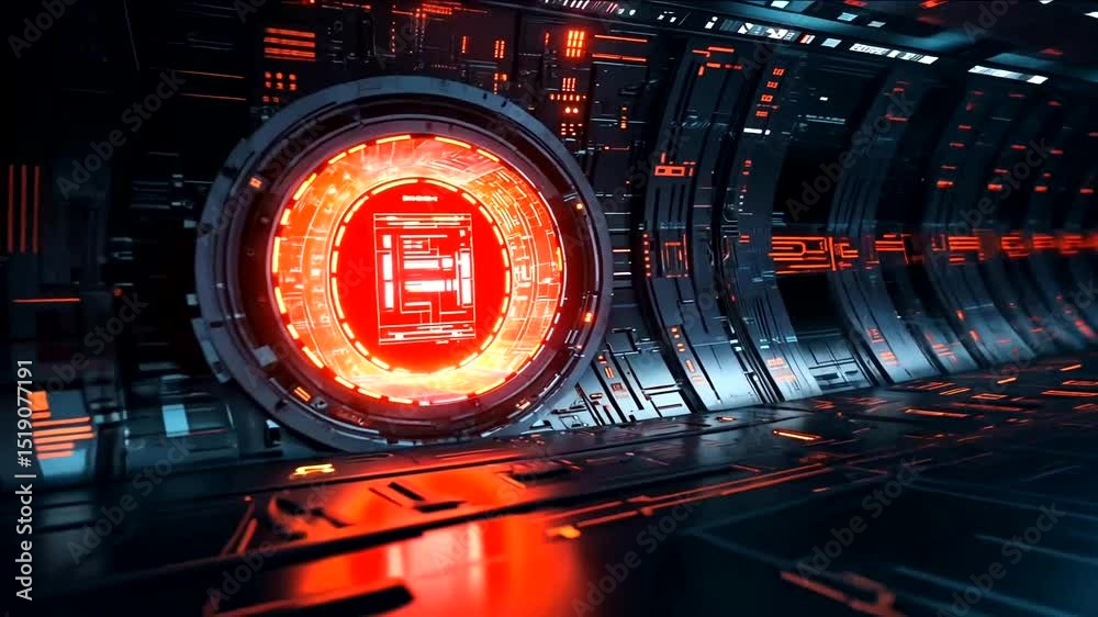 Futuristic spaceship interior with glowing red interface