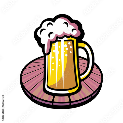 Beer mug illustration in pop art style on a wooden table, transparent background  