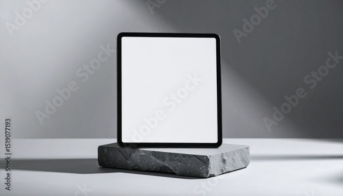 Electronic Tablet on Stone Display against a Grey Background under Subtle Lighting
