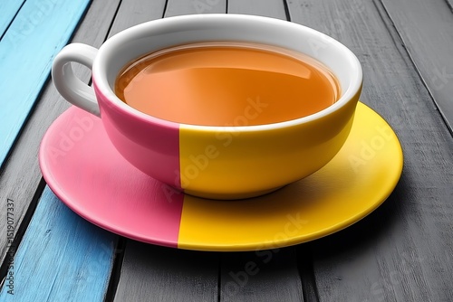 Vibrant teacup and saucer with colorful design on a wooden surface.