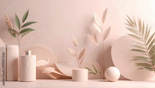 Elegant Beige Composition with Geometric Shapes and Botanical Elements for a Sustainable Design Background