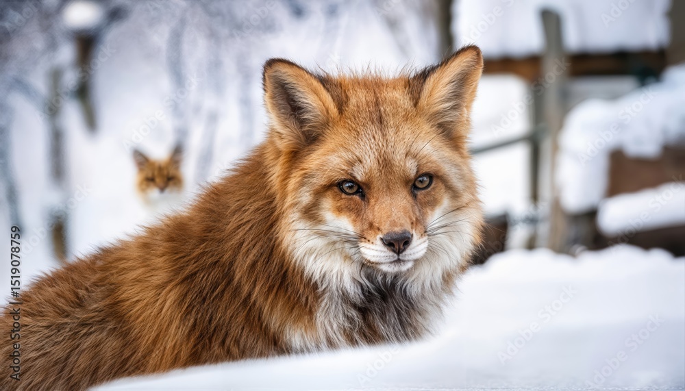 Fototapeta premium Adorable Arctic Fox Cubs Frolicking amidst a Picturesque Winter Wonderland in the Enchanting Zao Fox Village, Miyagi, Japan Snowy Twilight Magical Moment Captured