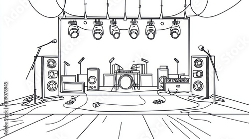Black and white line drawing of a concert stage
