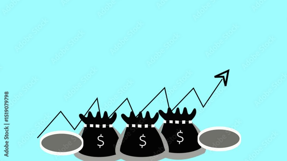 Collection of animated business charts and infographic elements and dollor signs with arrow in black color. blue background.