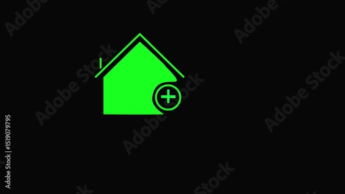 green Home and plass icon animation home icon animation, shiny symbol.  House, home building animation house building with black background.