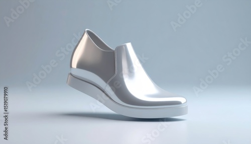 Floating Chrome Platform Shoe Reflects Light Against a Soft Background Showcasing Futuristic Y2K Fashion