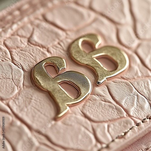 Close-up of a pale pink leather accessory with gold lettering.