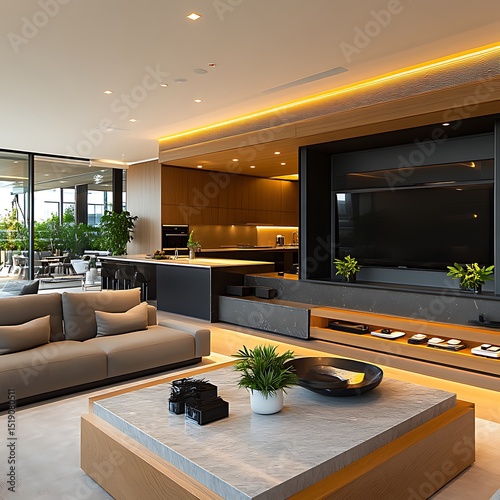 Modern open-plan living area with integrated kitchen and entertainment center.