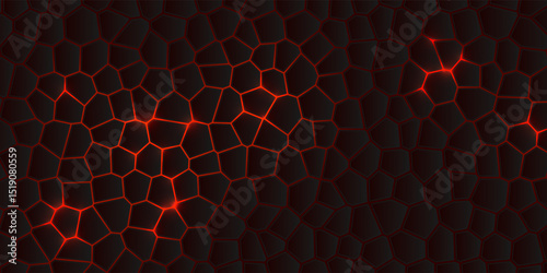 Dark hexagonal technology vector abstract background. Red bright energy flashes under hexagon in modern technology futuristic background vector illustration. Dark and red 3d honeycomb texture.