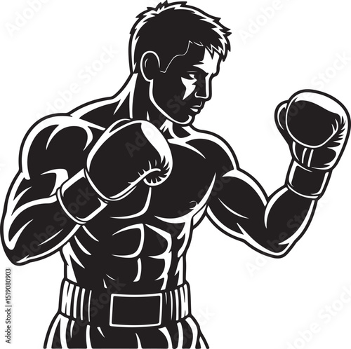 Powerful Boxer Ready to Fight Intense Black and White Illustration