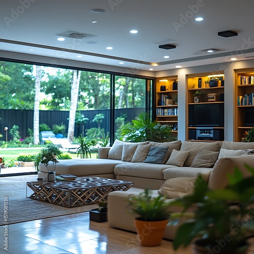 A modern living room with large windows and a stylish sectional sofa.