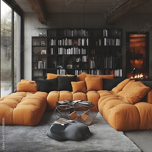Contemporary orange sectional sofa in a modern living room with dark shelves.