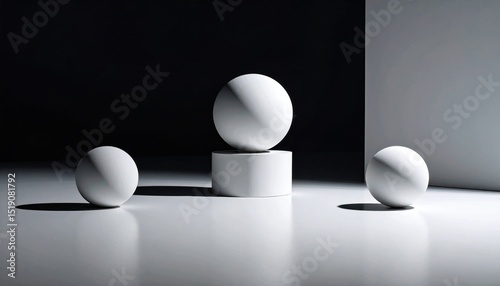 Geometric White Spheres And Cylinders With Shadow Play On A Reflective Surface In Studio Setting