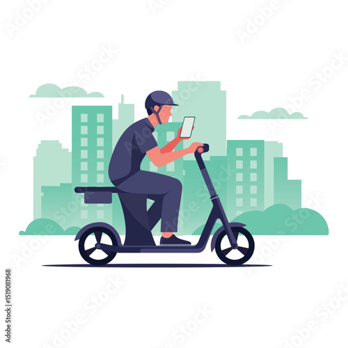 Faceless man on electric scooter looking at phone with city buildings in the background. Clean and animation-friendly.