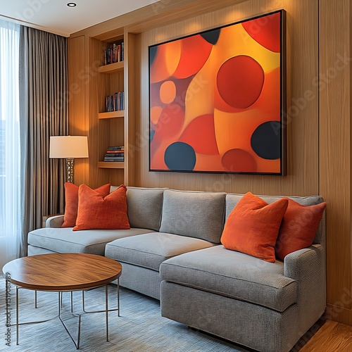 Modern living room with a bold abstract painting and orange accent pillows.