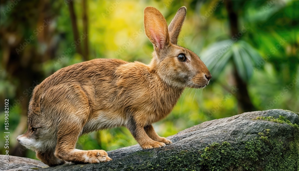 Obraz premium Adorable Jungle Rabbit Perched on a Rock amidst Wild Forest Greenery at Twilight A Whimsical and Enchanting Scene in Vibrant Shades of Green and Brown, with Rays of Setting Sunlight Filtering