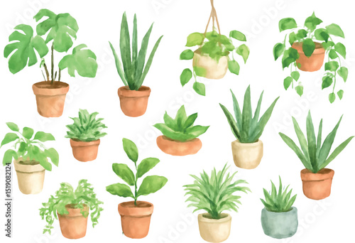 A soothing watercolor set of houseplants perfect for wellness content, home decor themes, gardening visuals, or plant therapy designs