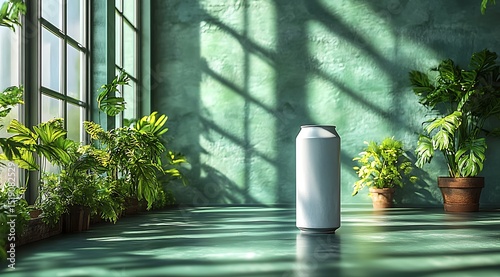 White cylinder mockup with plants and window shadows

 photo