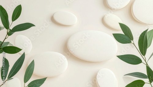 Gentle White Oval Pattern and Green Leaves on Beige Background Creating Smooth Peaceful Motion