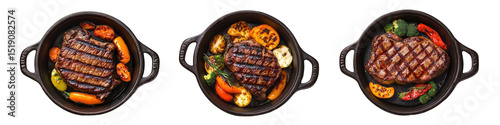 Grilled steak with vegetables in cast iron skillets