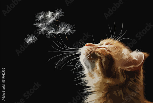 A Dandelion being blowed while its achenes seems to roughly shape of a cat, on black background
