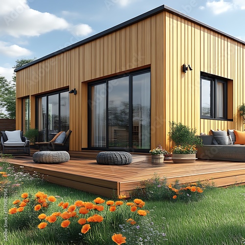 Modern wooden home exterior with patio and landscaping.
