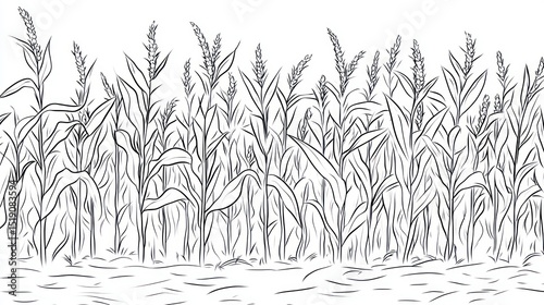 Black and white drawing of a cornfield
