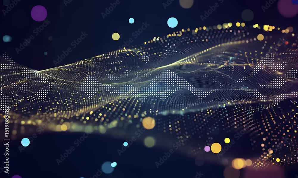 Futuristic digital wave made of glowing blue particles flows across a dark blue background, representing abstract technology, data streams, or energy motion in a high-tech concept.