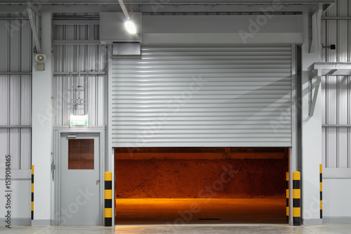 Shutter door or roller shutter inside industrial building at front. To construction for entrance of commercial, industrial building i.e. warehouse, factory, garage, hangar or shop suit for background.