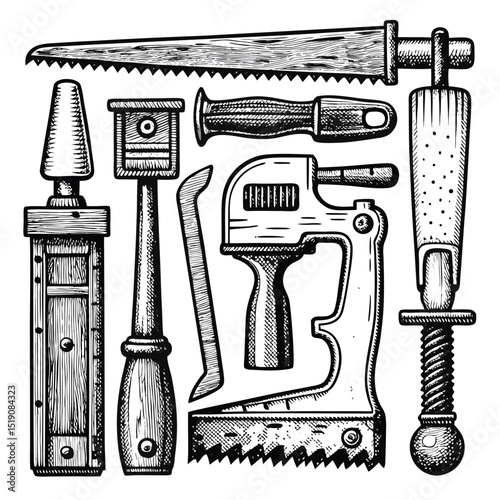 Engraved Illustration of Vintage Carpentry Tools on White Background for Design