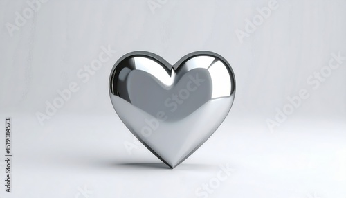 Isolated Chrome Heart Symbol On Clean White Background With Reflective Metallic Surface Showing Love And Emotion