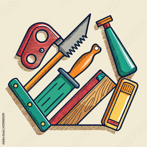 Hand Tools Arranged in a Hexagon Shape with Retro Style Illustration