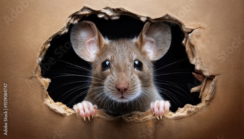 A Cute and Curious Mouse Peeking Through a Rough Cardboard Hole Playful Whimsy Meets Textured Aesthetics, Capturing the Charm of Childhood Nostalgia.
