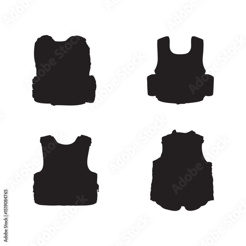Bulletproof Vest Silhouette Icon Set Tactical  Armor Symbols Isolated on White Background