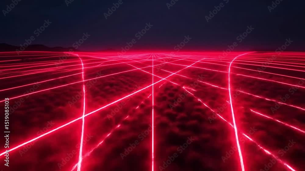 Intense neon red intersecting gridlines creating diamond shapes on dark field