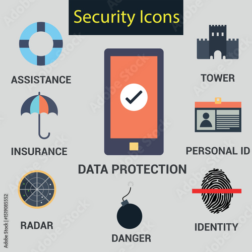 Cybersecurity icon pack with antivirus, malware shield, encrypted folder, firewall, and protected cloud elements for digital use