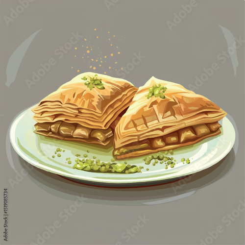 sweet, pastry, baklava, turkish, dessert, food, honey, background, bakery, traditional, illustration, isolated, pistachio, syrup, vector, snack, sugar, eastern, confectionery, dough, delicious, menu, 