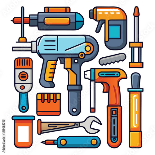 Collection of Construction Tools: A visually engaging and meticulously crafted vector illustration showcases an array of essential construction tools.