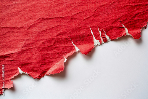 Torn red paper corner on white background, textured paper surface, red and white color scheme, a rough torn edge ideal for writing or design space, creative layout, high contrast, minimalist style.