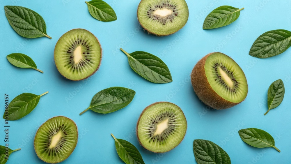 Fototapeta premium Fresh Kiwi Fruit with Green Leaves on Blue Background for Healthy Eating Concept